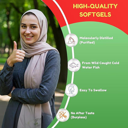 Halal Fish Oil Softgels 60 Ct, Double Strength - Halal Omega 3 Fish Oil Supplements. Wild Caught, Non-GMO & Purified