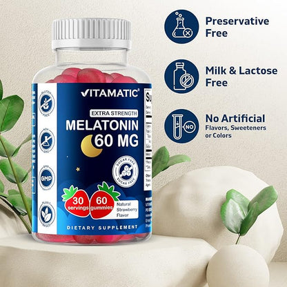 Vitamatic Sugar Free Melatonin 60 mg - 60 Vegetarian Gummies - Non-Habit Forming Supplement