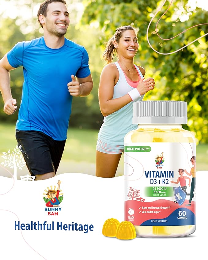 SUNNY SAM Sugar-Free Vitamin D3 K2 Gummies 5000 IU - Immune & Bone Support Gummies - Vitamin D Gummy Supplement for Adults - High-Absorption, Vegan, Halal, Gluten-Free Chewable Vitamins
