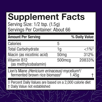 Host Defense BrainPower Stack Powder - Targeted Brain Support Supplement - Powder Mushroom Supplement with Lion's Mane, Niacin (B3) & Vitamin B12 - Herbal Brain Support - 100g (66 Servings)*