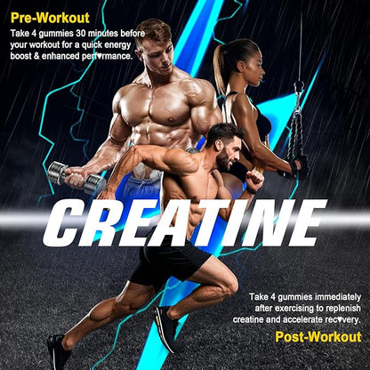 Men's & Women's Creatine Monohydrate Gummies Complex, 6-in-1 Chewable Pre-Workout Creatine with BCAA, Collagen Peptides, L-Taurine, 30 Servings, Natural Lemon Flavor - 60 Count (Pack of 2)