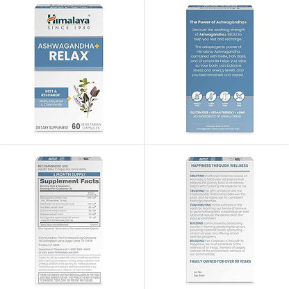 Himalaya Ashwagandha+ Relax, with GABA, Holy Basil & Chamomile for Reset, Relaxation & Stress Relief, Vegan, Gluten Free, 540 mg, 60 Vegetarian Capsules, 1 Month Supply