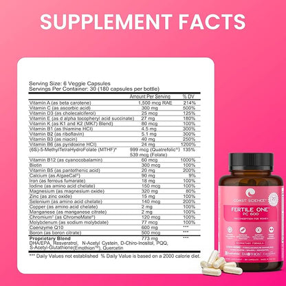 Fertile One PC 600 - Advanced Preconception Supplement with CoQ10 600mg, Nutrient-Rich for Women's Reproductive Health, Ideal for IVF, 180 Vegetable Capsules for Fertility Enhancement