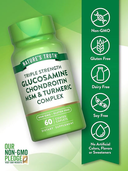 Nature's Truth Glucosamine Chondroitin MSM Complex | 60 Caplets | with Turmeric | Triple Strength Formula | Non-GMO and Gluten Free Supplement