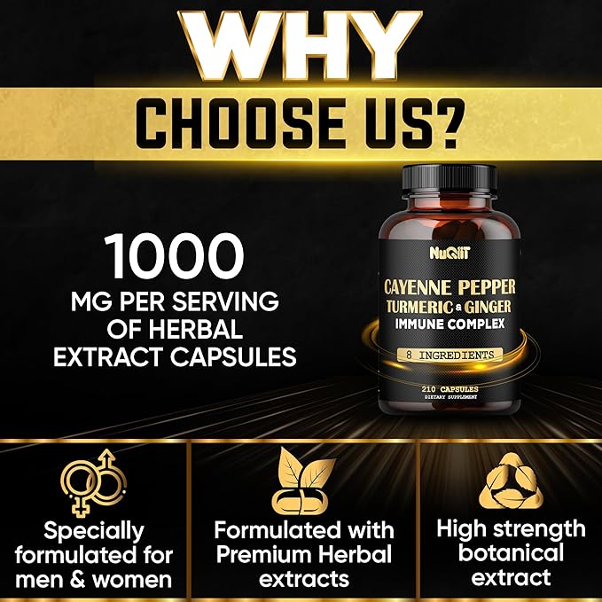 210 Pills - Cayenne Pepper Capsules Organic with Turmeric, Ginger, Immune Support Complex as Elderberry, Echinacea, Garlic Bulb - Digestion, Heart Health & Body Management