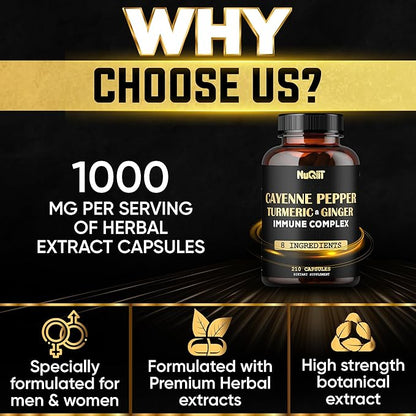 210 Pills - Cayenne Pepper Capsules Organic with Turmeric, Ginger, Immune Support Complex as Elderberry, Echinacea, Garlic Bulb - Digestion, Heart Health & Body Management