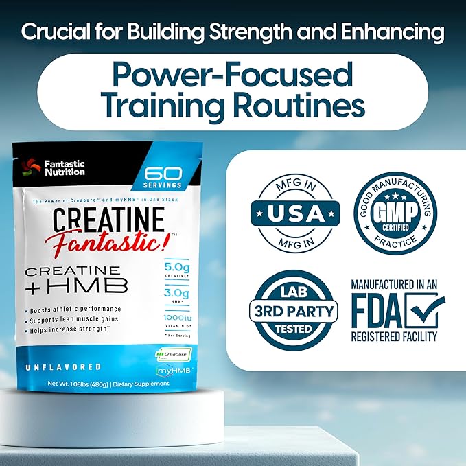 Creatine Fantastic 5g Creapure Creatine Plus 3g of myHMB for Increased Strength, Improved Muscle Growth, Enhanced Athletic Performance, and Extra Energy – 60 Servings, Unflavored