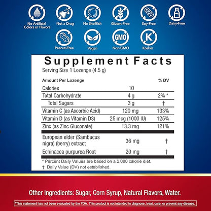 Defend-EEZE Immune Support Dietary Supplement Lozenges, 100% Daily Value of Zinc, Vitamins C & D per Dose, with Echinacea & Elderberry, Pomegranate Flavor, 30 Lozenges