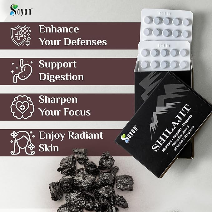 Sayan 100% Pure Shilajit Tablets,12,000mg High-Potency Supplement, More Effective Than Resin & Capsules, 85+ Trace Minerals Sourced from 10,000ft Lab-Tested for Purity. 60 Tablets - 1-2 Month Supply