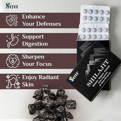 Sayan 100% Pure Shilajit Tablets,12,000mg High-Potency Supplement, More Effective Than Resin & Capsules, 85+ Trace Minerals Sourced from 10,000ft Lab-Tested for Purity. 60 Tablets - 1-2 Month Supply