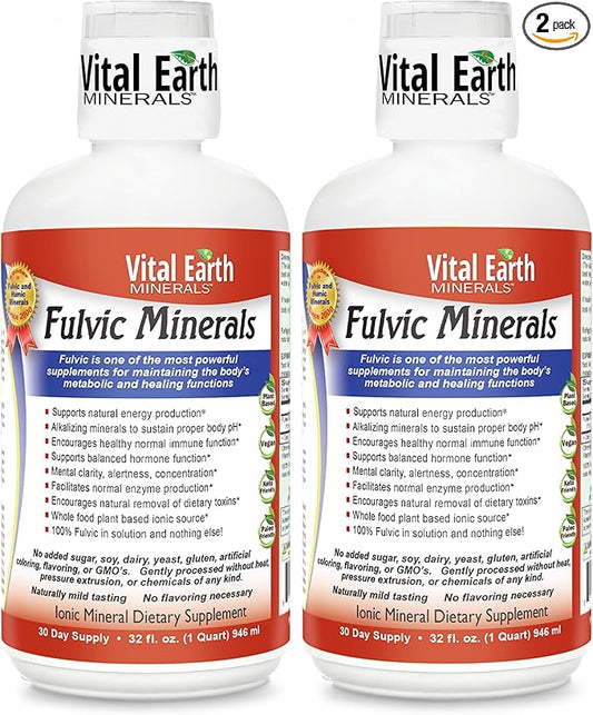 Vital Earth Minerals Fulvic Minerals Liquid – Fulvic Acid Supplement with 70+ Trace Minerals, Electrolytes for Energy & Vitality, 32 Oz Ea + 1 Oz Cup