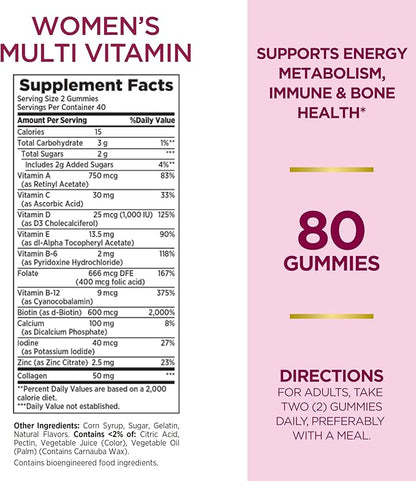Nature's Bounty Optimal Solutions Women's Multivitamin, Immune and Cellular Energy Support, Bone Health, Raspberry Flavor, 80 Gummies, 40 Total Servings