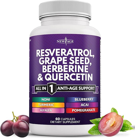 NEW AGE Resveratrol, Berberine, Grape Seed Extract, Quercetin - Polyphenol Supplement for Women and Men with Noni Extract, N-Acetyl Cysteine, Acai Extract - 60 Capsules