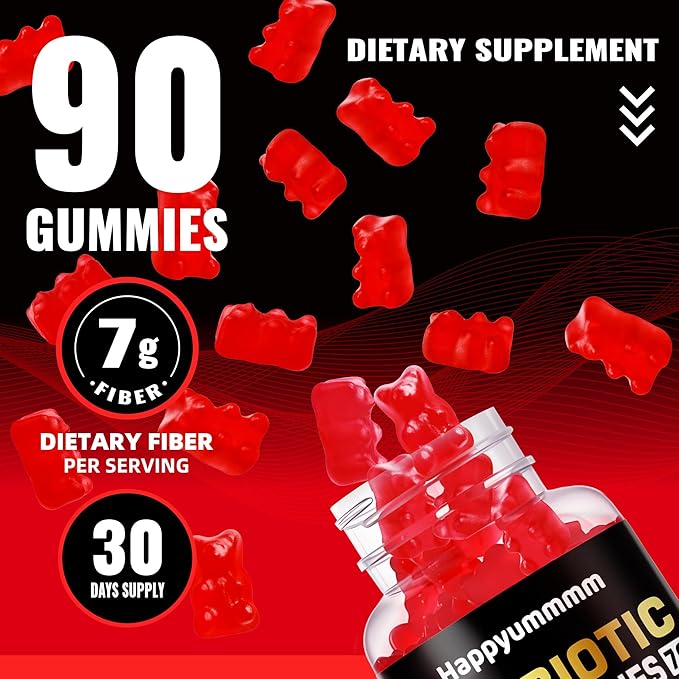 Prebiotic Fiber Gummies for Adults, 7G Extra Strength, Zero Sugar Added, 90 Pectin Based Gummies, Digestive Health & Regularity Support-Strawberry