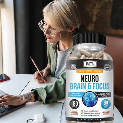 Kaya Naturals - Neuro Brain for Memory & Focus - Nootropic Energy Capsule - Nootropic Brain Support Supplement - Focus & Concentration & Learning Accuracy - Cognitive Function - 180 Count