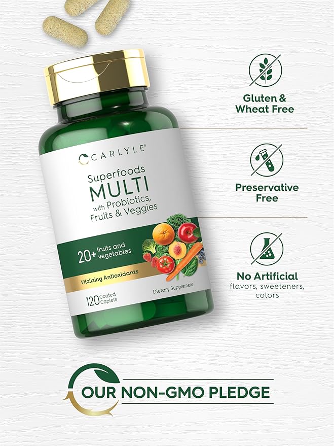 Carlyle Fruits and Veggies Supplement | 120 Count | Superfood Multivitamin with Probiotics | Made with 20 Fruits and Vegetables | Non-GMO & Gluten Free