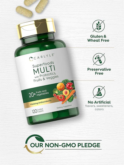 Carlyle Fruits and Veggies Supplement | 120 Count | Superfood Multivitamin with Probiotics | Made with 20 Fruits and Vegetables | Non-GMO & Gluten Free