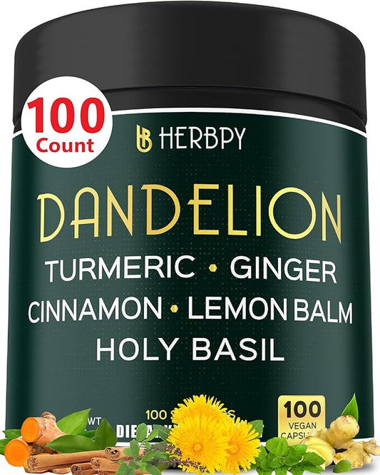 Dandelion Root Supplement 7500mg 6in1 for Digestion, Heart Health & Immune - Blended with Ginger, Turmeric Curcumin, Ceylon Cinnamon, Lemon Balm & Holy Basil - 100 Dandelion Capsules