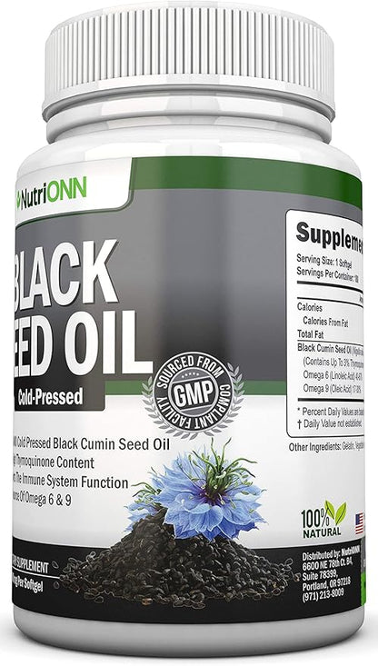 Black Seed Oil - 1000 Mg - 180 Softgels - Cold-Pressed Non-GMO Black Cumin Seed Capsules - Super High Thymoquinone Content - Nigella Sativa - Rich in Omega 6 & 9 Fatty Acids - Immune Health Support