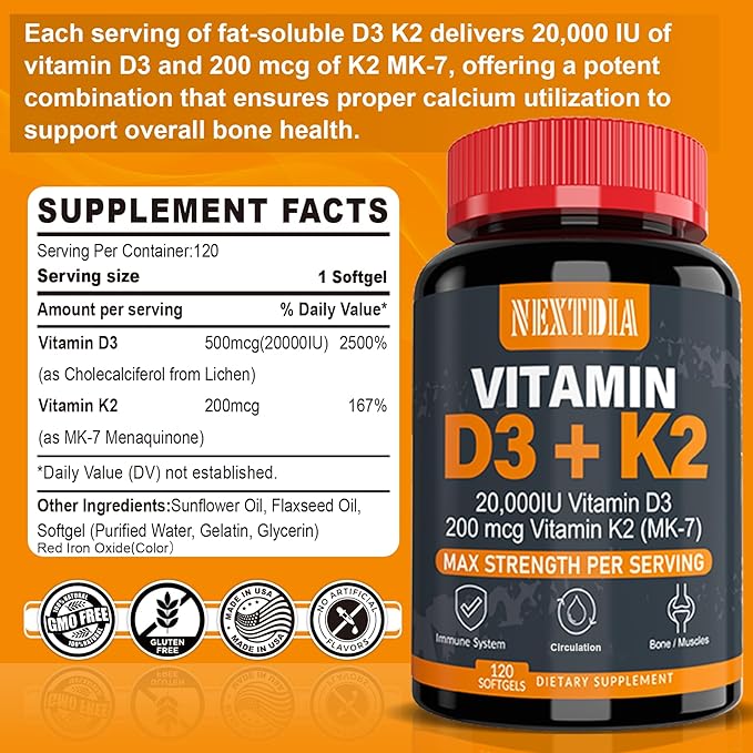 Vitamin D3 20,000 IU + K2(MK7) 200mcg-Optimal Vitamin D3 & K2-Support Strong Bones & Muscle, Calcium Absorption & Immune Health, Helping Vitamin D Deficiencies, Easy to Swallow, (Pack of 2)