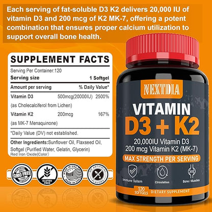 Vitamin D3 20,000 IU + K2(MK7) 200mcg-Optimal Vitamin D3 & K2-Support Strong Bones & Muscle, Calcium Absorption & Immune Health, Helping Vitamin D Deficiencies, Easy to Swallow, (Pack of 2)