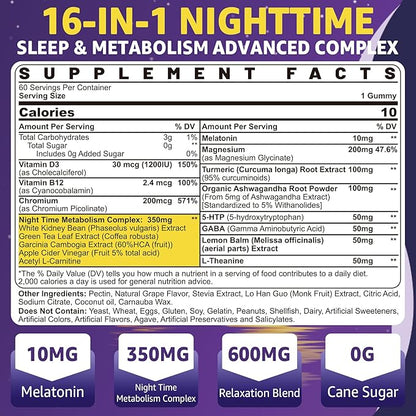 Melatonin 10mg Gummies, Night Time Metabolism Gummies for Adults, Crush Excess Hoarding While You Rest, Promote Healthy Zzzs, with Magnesium, Ashwagandha, 5-HTP, GABA, 100% Drug Free,Sugar Free,2Packs