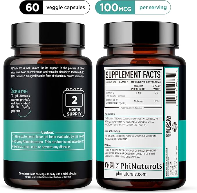 PhiNaturals Vitamin K2 Mk7 100 mcg Vegan 60 Capsules Bone Health Heart Cardiovascular Arteries - VIT k-2 MK-7 100mcg Supplement from Natto
