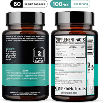 PhiNaturals Vitamin K2 Mk7 100 mcg Vegan 60 Capsules Bone Health Heart Cardiovascular Arteries - VIT k-2 MK-7 100mcg Supplement from Natto