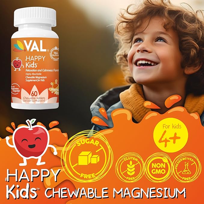 VAL Magnesium for Kids | High-Absorption Magnesium for Calm, Relaxation & Focus | Mg Glycinate, Citrate & Taurate | with Vitamin B6, D & C | Sugar-Free, Non-GMO | 60 Chewable Tablets