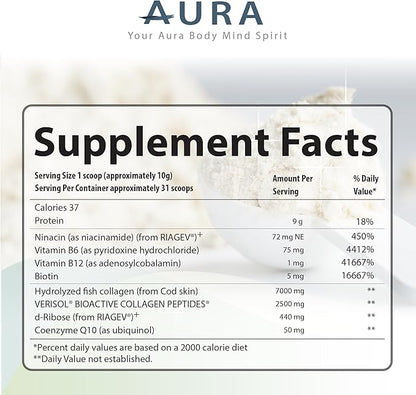 AURA VERISOL® Bioactive Collagen Peptides® Powder with Patented NAD+ & ATP Boosters, Advanced Cellular Rejuvenation System, Healthy Aging & DNA Repair, Unflavored, Made in Canada, 31 Servings.