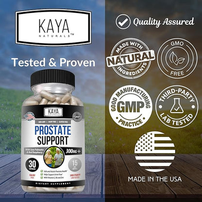Kaya Naturals Prostate Support | Saw Palmetto, Potent DHT Blocker for Hair Growth, Promote Sleep, Reduce Frequent Urination, Bladder Emptying & Stamina Supplement – 30 Count