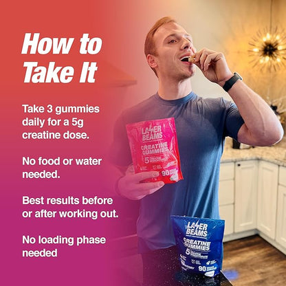 Creatine Monohydrate Gummies - 5g Creapure Creatine per Serving - Vegan, Strawberry Stardust Flavor - Boost Muscle Strength, Endurance, Recovery & Mental Focus - 90 Gummies, Gluten-Free