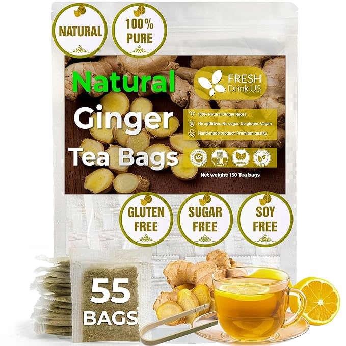 FRESHDRINKUS 55 Ginger Tea Bags, 100% Natural & Pure Herbal Tea, No Sugar, No Caffeine, No Gluten, Vegan