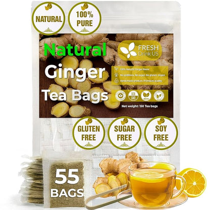 FRESHDRINKUS 55 Ginger Tea Bags, 100% Natural & Pure Herbal Tea, No Sugar, No Caffeine, No Gluten, Vegan