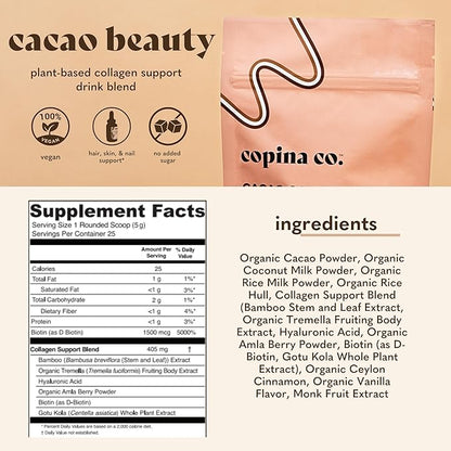 Cacao Beauty Vegan Collagen Booster Drink Blend: Plant-Based Collagen Support Smoothie Drink Vegan Creamy Blend | Cacao Flavor | 1 Bag - 25 Servings per Bag