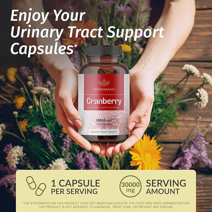 HERBAMAMA Cranberry Extract Capsules - 30,000mg Cranberry Powder for Urinary Tract Support - Vegan, Non-GMO Bladder Support Supplement, 100 Caps