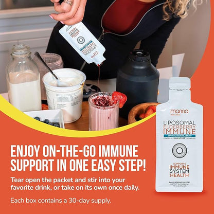 Manna Liposomal Elderberry Immune Packets – Vitamins C, D, Zinc, Echinacea & Ginger - Daily Immune Support for Adults & Kids - Sugar Free, Real Elderberry Extract & Syrup, Travel-Friendly, 30 Pack