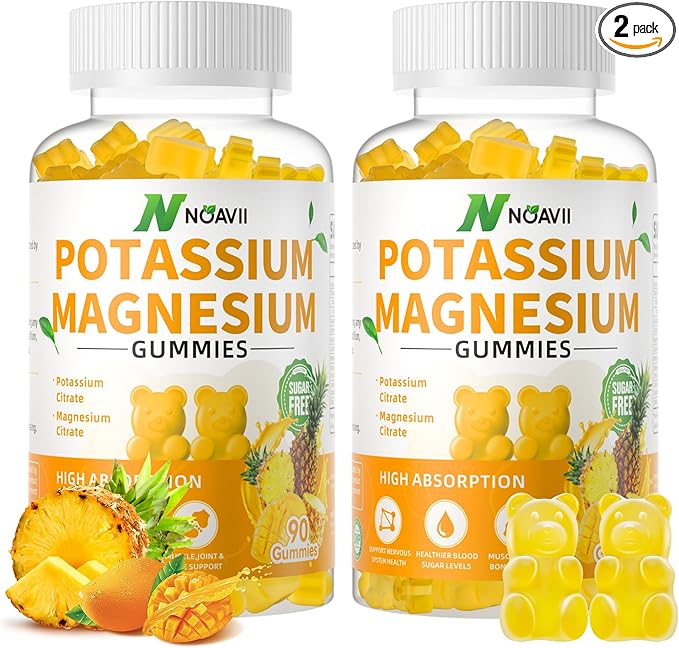 Potassium Magnesium Gummies, New Formula Calm Magnesium Glycinate Gummies, Chewable Gummy Supplements for Leg Cramps & Muscle, Pineapple Flavor 180 Count