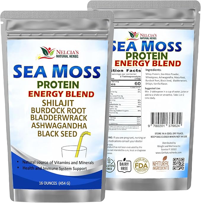 Nelcia'S Natural Herbs Sea Moss Ashwagandha Protein Powder -Natural Irish Sea Moss, Bladderwrack and Burdock Root, Black Seed and Shilajit Powder (16oz)