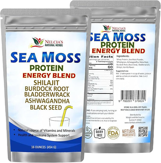 Nelcia'S Natural Herbs Sea Moss Ashwagandha Protein Powder -Natural Irish Sea Moss, Bladderwrack and Burdock Root, Black Seed and Shilajit Powder (16oz)