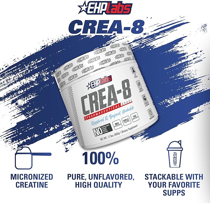EHP Labs CREA-8 Creatine Monohydrate Powder - Unflavored Creatine Powder for Muscle Growth, Increased Strength, Enhanced Energy Output and Improved Performance - 100 Servings (500g)