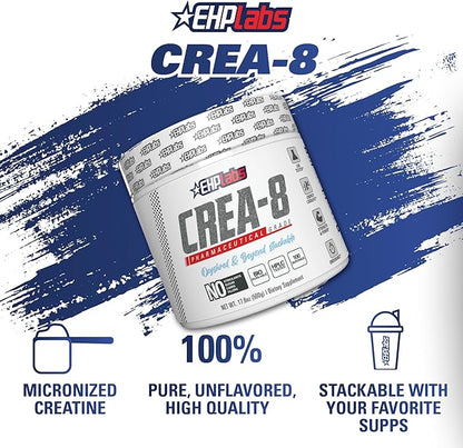 EHP Labs CREA-8 Creatine Monohydrate Powder - Unflavored Creatine Powder for Muscle Growth, Increased Strength, Enhanced Energy Output and Improved Performance - 100 Servings (500g)