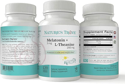 Nature's Trove Melatonin 3mg + L Theanine 200mg – Calm and Relaxation – 120 Kosher Vegetarian Capsules