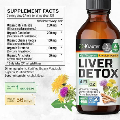 BIO KRAUTER Liver Detox Liquid - Liver Cleanse Detox Liquid Drops - Milk Thistle, Chanca Piedra, Turmeric, Dandelion, Artichoke - Vegan Drops 4 Fl. Oz.