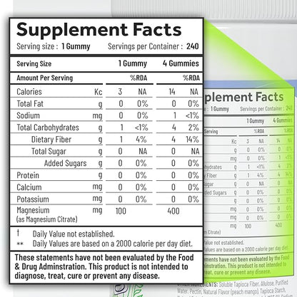 Magnesium Citrate Gummies - Sugar-Free, Vegan and Non-GMO for Better Sleep and Relaxation - No Sugar Alcohol - Magnesium Supplement for Adults, Teens and Kids - Green Apple - 240 Chews