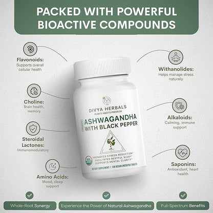 Organic Ashwagandha with Black Pepper - Whole Root - Supports Stress Relief, Mood & Energy – 120 Uncoated Vegan Tablets