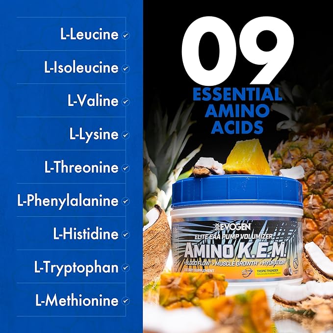 Evogen Amino K.E.M. - EAA & BCAA Powder Pump Volumizer | BCAAs Amino Acids Supplement for Blood Flow, Muscle Growth, & Hydration | Tropic Thunder | 30 Servings