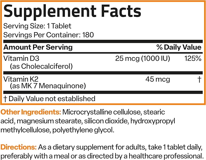 Bronson Vitamin K2 (MK7) with D3 Lower Dose 45mcg Vitamin K2 & 1000 IU Vitamin D3 Easy to Swallow Daily Maintenance 2 in 1 Formula Non-GMO, 180 Mini Tablets