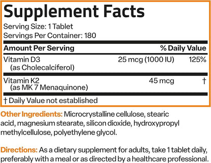 Bronson Vitamin K2 (MK7) with D3 Lower Dose 45mcg Vitamin K2 & 1000 IU Vitamin D3 Easy to Swallow Daily Maintenance 2 in 1 Formula Non-GMO, 180 Mini Tablets