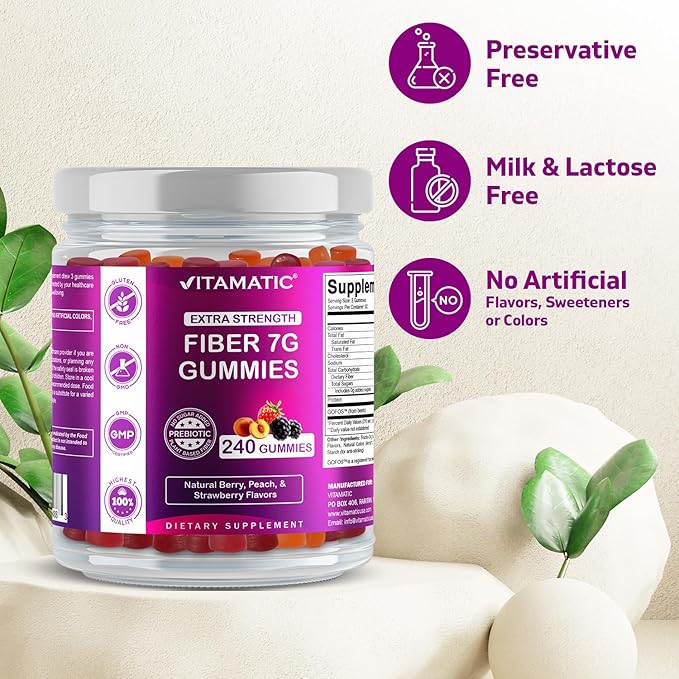 Vitamatic Prebiotic Fiber Gummies for Adults, 7G Extra Strength, Zero Sugar Added, 240 Pectin Based Gummies, Digestive Health & Regularity Support